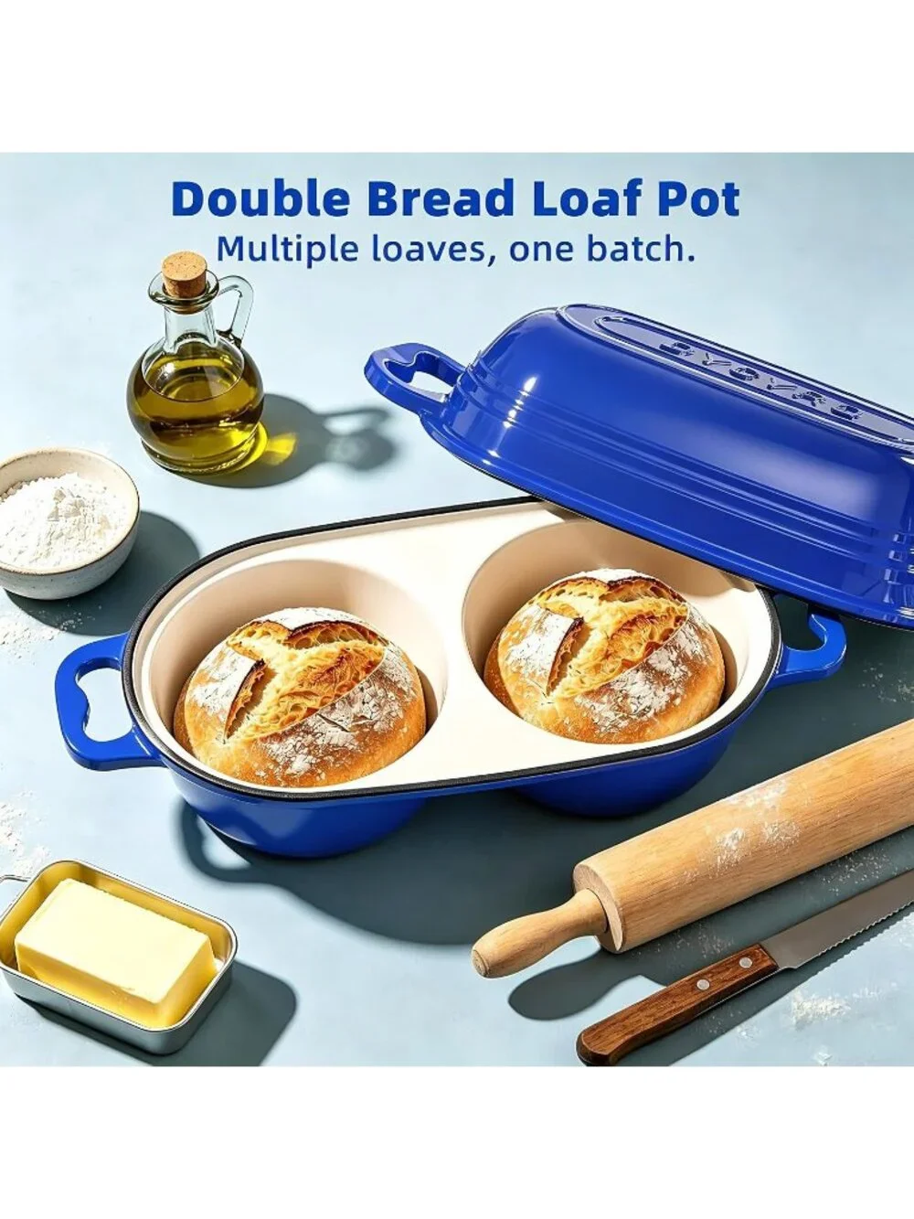 500°F Dark Blue Cast Iron Double Round Bread Loaf Pot with Lid Mini Dutch Oven